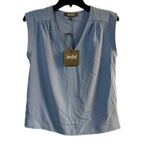 Marled Woman’s Vista Blue Y Neck Short Sleeve Pastel Blouse NWT Size Small